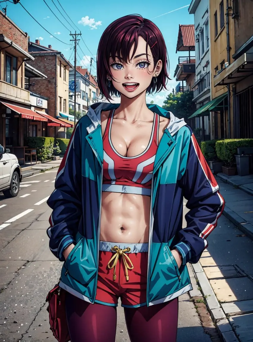 Image female,looking_at_viewer,ai_generated,fit,fit_female,abs,female_abs,makimass_ai,mikazuki_shizuka,zom_100:_zombie_ni_naru_made_ni_shitai_100_no_koto