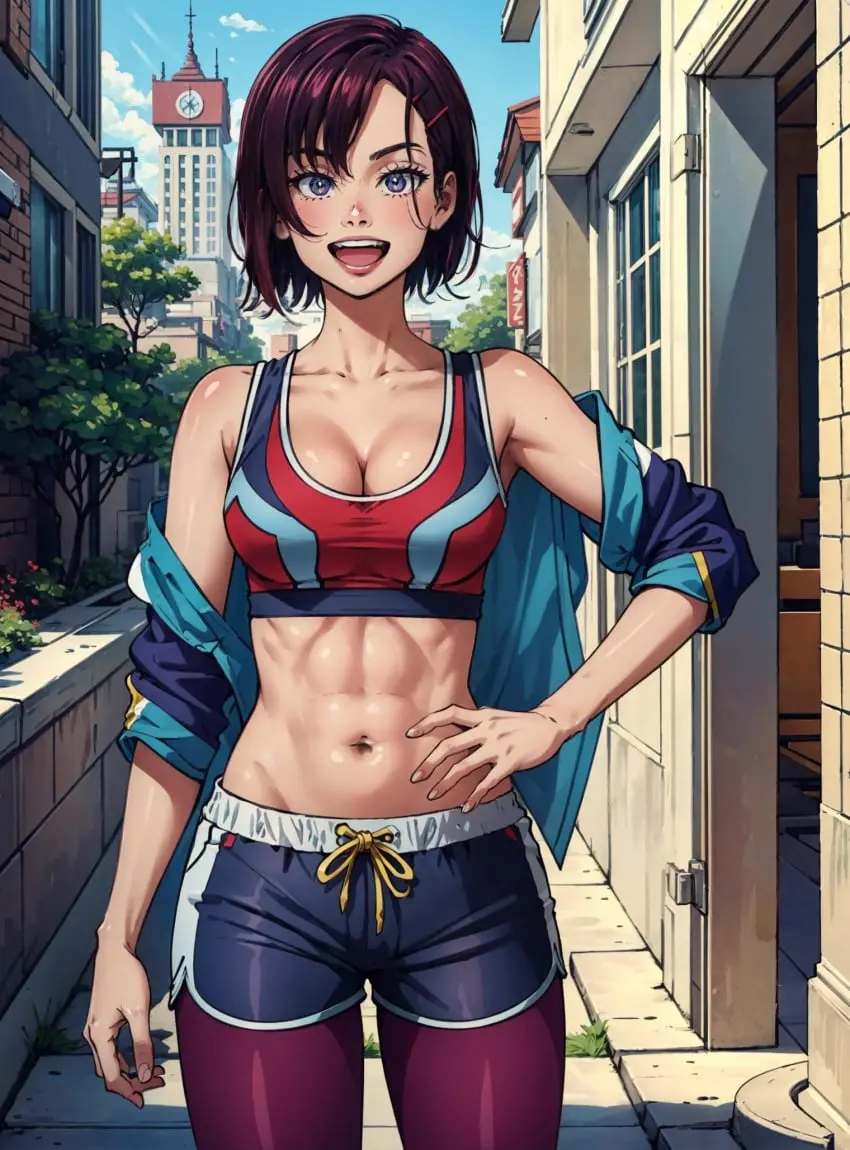 Image female,looking_at_viewer,ai_generated,fit,fit_female,abs,female_abs,makimass_ai,mikazuki_shizuka,zom_100:_zombie_ni_naru_made_ni_shitai_100_no_koto