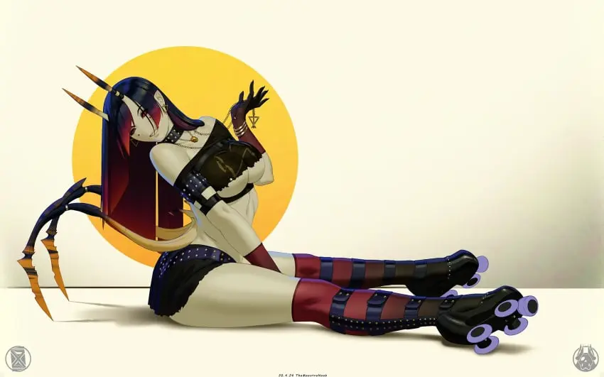 Image 1girls,breasts,clothed,clothing,female,female_only,solo,underboob,monster_girl,original_character,stockings,necklace,partially_clothed,spider,insect_girl,roller_skates,spider_girl,bug_girl,ara_de_mona_(themaestronoob),themaestronoob