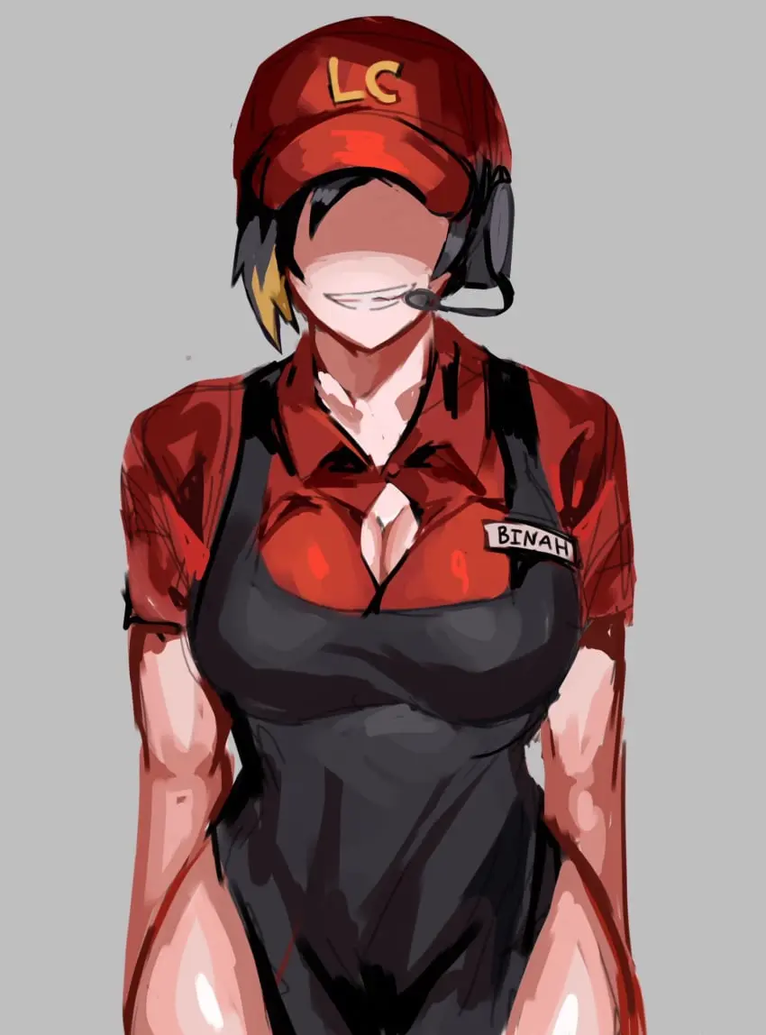 Image 1girls,female,looking_at_viewer,smile,black_hair,female_focus,hat,smiling,smiling_at_viewer,cleavage,faceless_female,apron,grey_background,colored_hair,faceless_character,headset,binah,library_of_ruina,project_moon,lobotomy_corporation,sinister_smile,fast_food_employee,fast_food_uniform,morchkins,nametag,scary,scary_smile