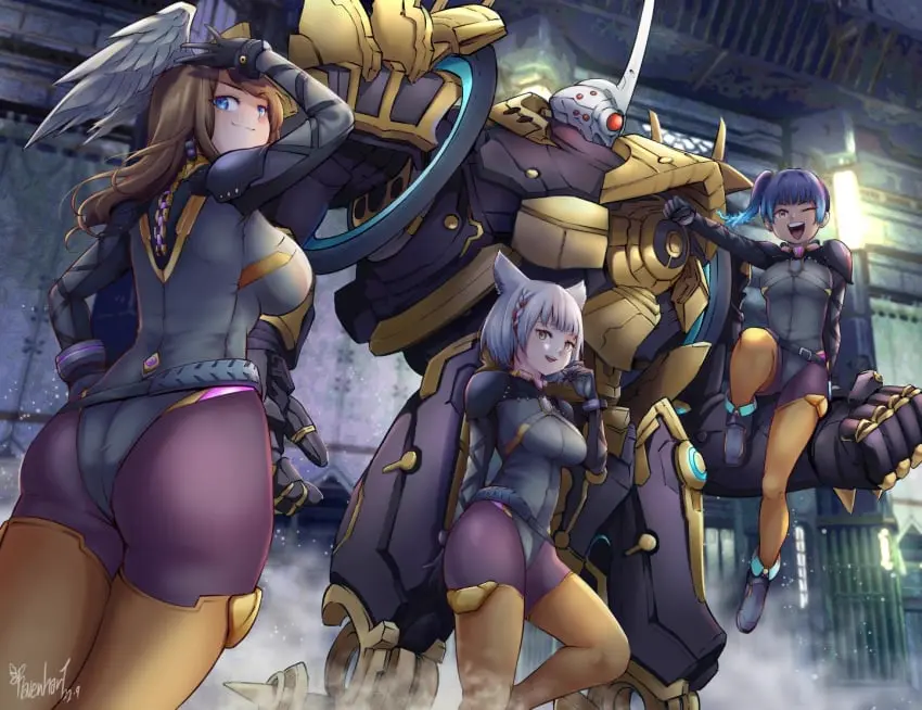 Image female,grey_hair,smile,animal_ears,blue_hair,multiple_girls,short_hair,thighhighs,ass,cat_ears,wings,brown_hair,belt,side_ponytail,leotard,3girls,robot,head_wings,eunie_(xenoblade),xenoblade_chronicles_3,xenoblade_chronicles_(series),mecha,ravenhart,machine_assassin_(xenoblade),mio_(xenoblade),segiri_(xenoblade),sena_(xenoblade)