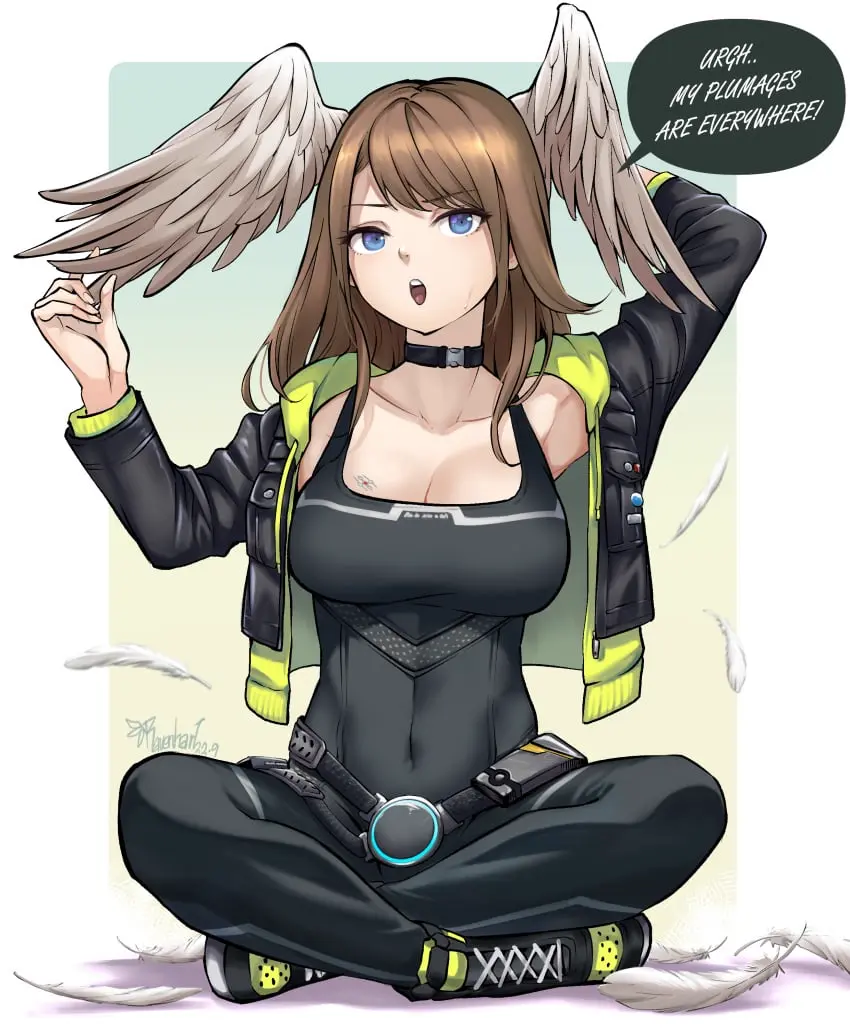 Image 1girls,breasts,female,highres,large_breasts,open_mouth,solo,absurdres,blue_eyes,armpits,cleavage,tattoo,feathers,wings,sitting,posing,brown_hair,medium_hair,sweatdrop,cute,fit,fit_female,tight_clothing,jacket,breast_tattoo,covered_navel,english_text,bodysuit,hood,speech_bubble,hoodie,full_body,fully_clothed,toned,open_jacket,black_bodysuit,head_wings,eunie_(xenoblade),xenoblade_chronicles_3,leather_jacket,tummy,black_jacket,sneakers,leather,xenoblade_chronicles_(series),navel_visible_through_clothes,ravenhart,green_hoodie,indian_style,plumage,shedding,shedding_feathers,sitting_indian_style