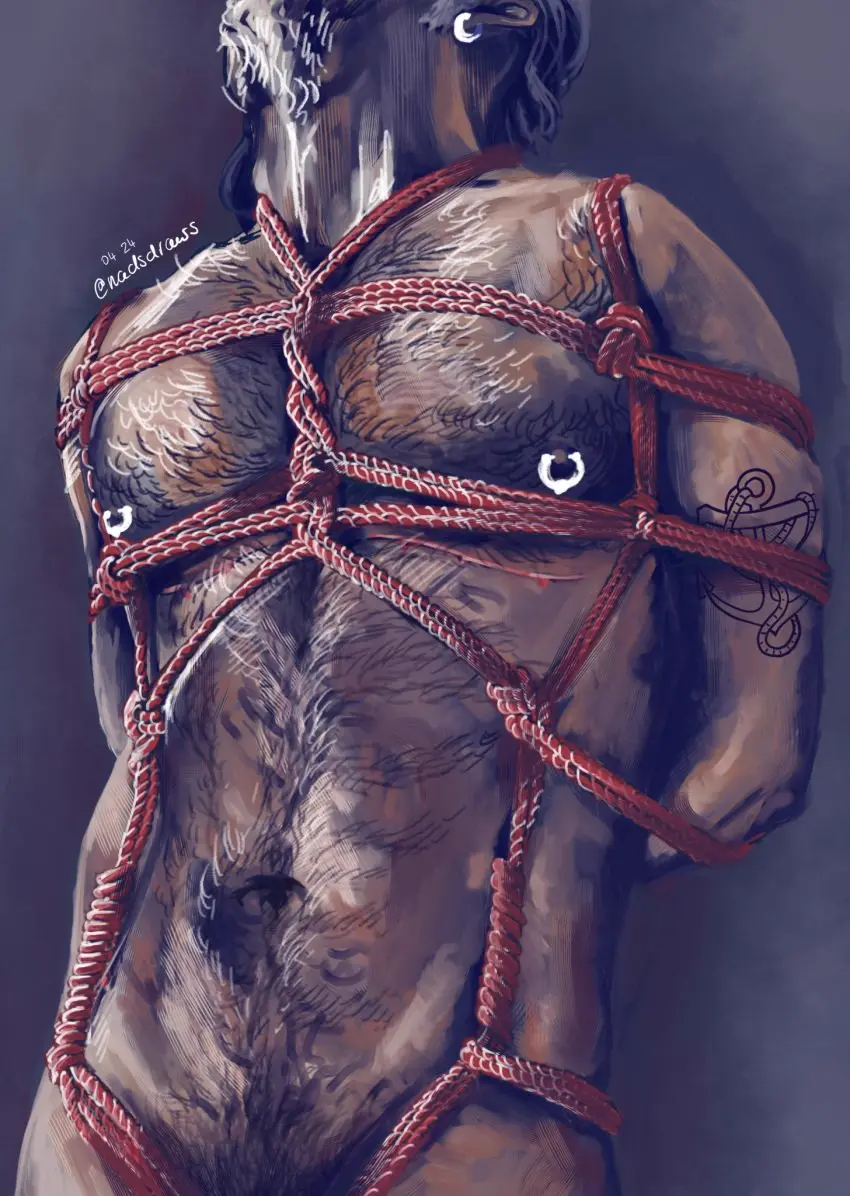 Image 1boy,male,muscular,muscular_male,male_only,yaoi,earring,gay,bara,bondage,nipple_piercing,beard,hairy,hairy_male,no_visible_genitalia,rope,rope_bondage,hands_tied,muscular_chest,tattoos,pirate,torso,our_flag_means_death,hands_tied_behind_back,head_tilted_back,izzy_hands,nadsdraws