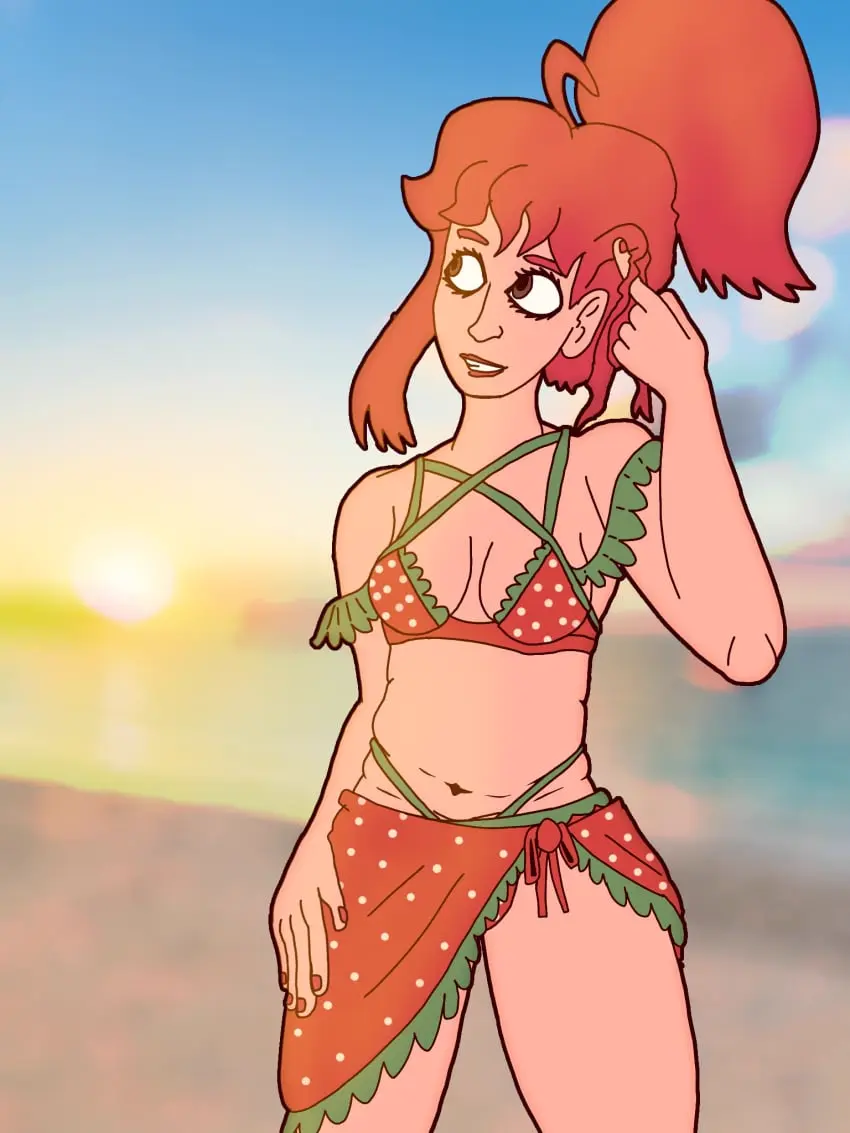 Image 1girls,female,smile,red_hair,bikini,ponytail,beach,looking_away,tagme,chubby,chubby_female,painted_nails,bulge_through_clothing,trans_woman,transfem,beach_background,safe_for_work,bikini_skirt,celeste_(game),madeline_(celeste),ohms_(artist),fidgeting