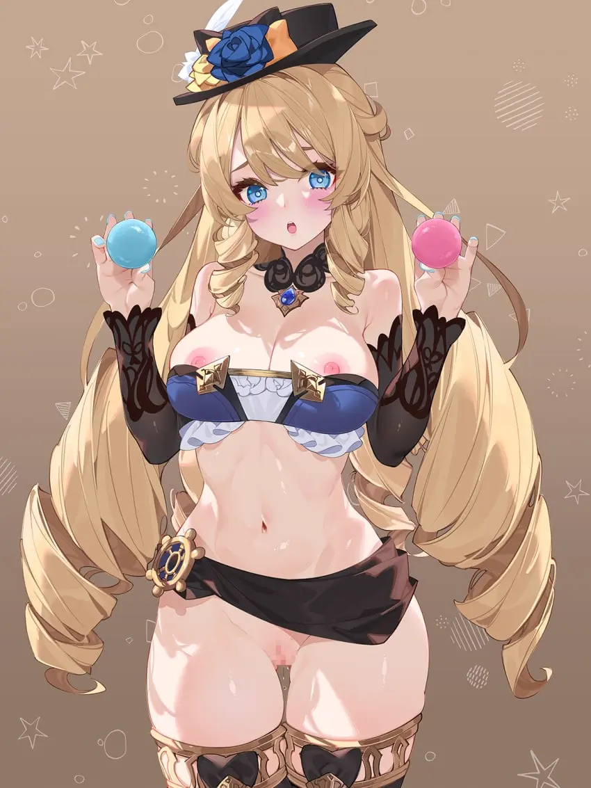 Image blush,breasts,cowboy_shot,female,female_only,highres,large_breasts,long_hair,looking_at_viewer,nipples,open_mouth,blue_eyes,navel,sidelocks,hat,bare_shoulders,blue_gemstone,collarbone,gem,thigh_gap,gradient_background,blonde_hair,nail_polish,pussy_juice,censored,detached_sleeves,mosaic_censoring,genshin_impact,brown_background,alternate_costume,:o,stomach,holding,flower,tube_top,legs_together,blue_nails,strapless,hands_up,black_hat,hat_flower,lace_trim,food,drill_hair,black_sleeves,navia_(genshin_impact),blue_tube_top,drill_sidelocks,holding_food,lace-trimmed_collar,macaron,ship's_wheel_ornament,waterring