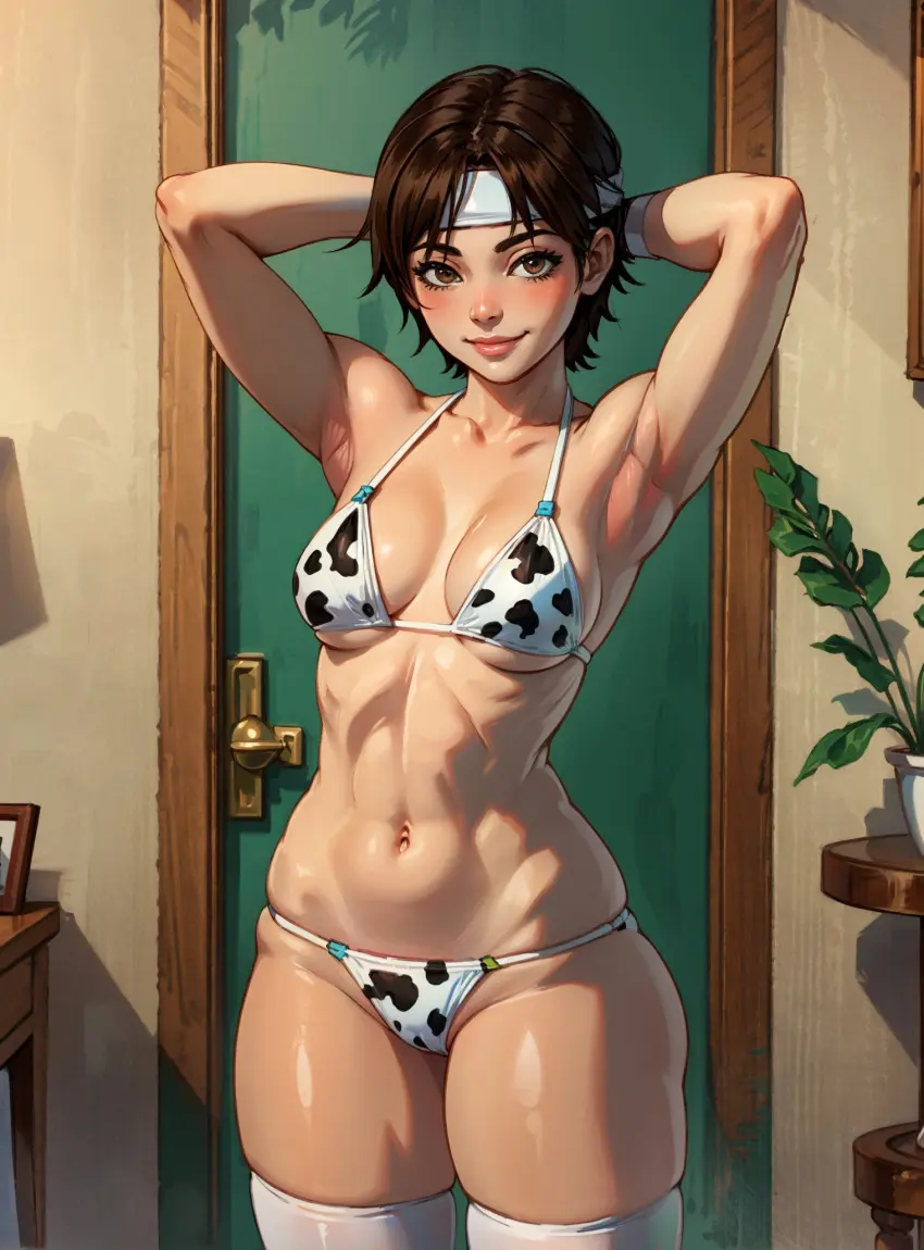 Image 1girls,brown_eyes,cowboy_shot,female,light-skinned_female,light_skin,looking_at_viewer,smile,solo,short_hair,bikini,armpits,hands_behind_head,ai_generated,headband,brown_hair,cow_print,indoors,curtains_match_windows,cow_print_bikini,street_fighter,sakura_kasugano,makimass_ai,tying_headband
