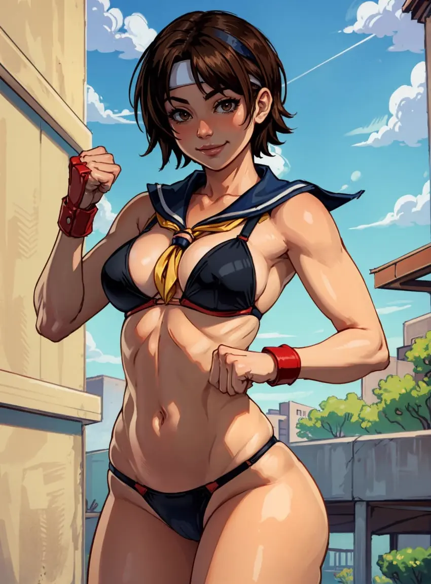 Image female,looking_at_viewer,ai_generated,video_games,street_fighter,sakura_kasugano,makimass_ai