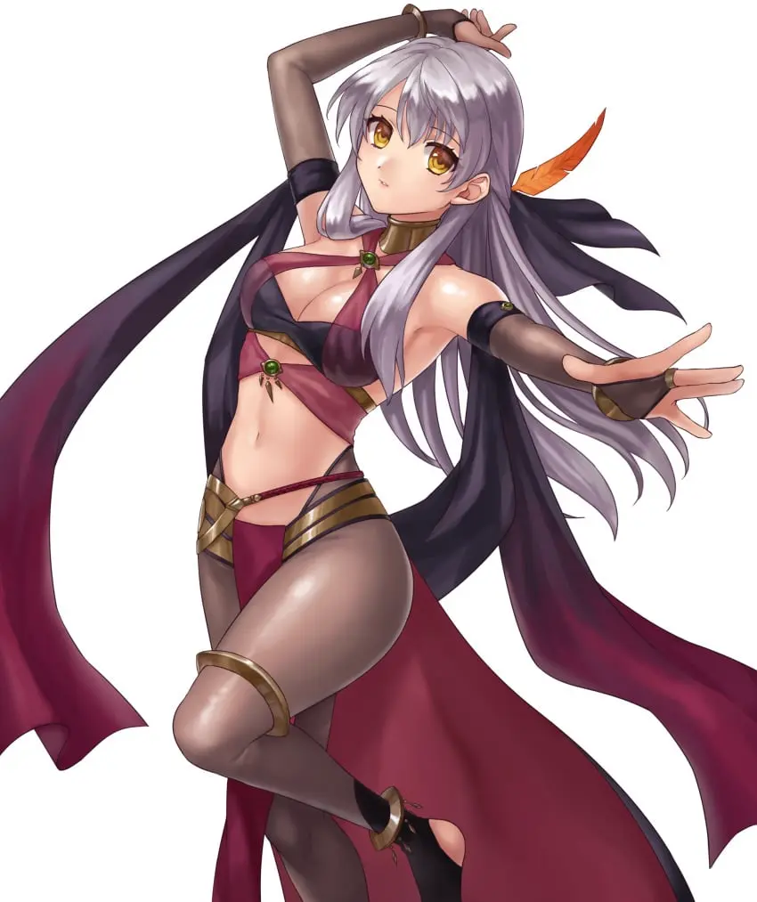 Image 1girls,breasts,female,female_only,grey_hair,hair_ornament,highres,long_hair,looking_at_viewer,simple_background,solo,standing,white_background,absurdres,elbow_gloves,gloves,navel,yellow_eyes,thighs,cleavage,jewelry,midriff,feathers,medium_breasts,parted_lips,nintendo,alternate_costume,stomach,bracelet,fire_emblem,fire_emblem_heroes,fingerless_gloves,commission,arm_up,anklet,criss-cross_halter,halterneck,pantyhose,cosplay,skeb_commission,fire_emblem:_radiant_dawn,toeless_legwear,grey_gloves,shawl,hazuki_(nyorosuke),dancer,outside_border,bandeau,dorothea_arnault,dorothea_arnault_(cosplay),dorothea_arnault_(plegian),dorothea_arnault_(plegian)_(cosplay),feather_hair_ornament,grey_pantyhose,micaiah_(fire_emblem),plegian,thighlet