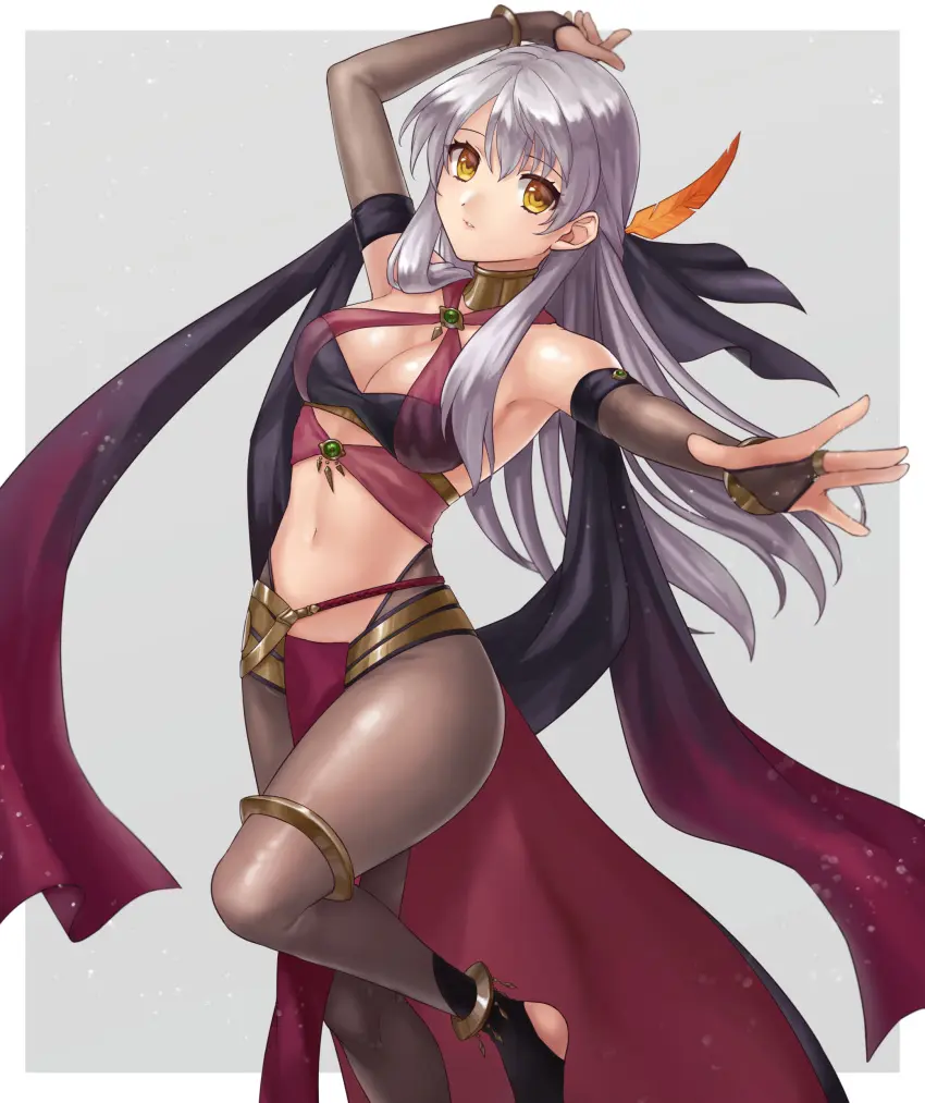 Image 1girls,breasts,female,female_only,grey_hair,hair_ornament,highres,long_hair,looking_at_viewer,simple_background,solo,standing,absurdres,elbow_gloves,gloves,navel,yellow_eyes,thighs,cleavage,jewelry,midriff,feathers,medium_breasts,parted_lips,nintendo,alternate_costume,stomach,bracelet,fire_emblem,fire_emblem_heroes,grey_background,fingerless_gloves,commission,arm_up,anklet,criss-cross_halter,halterneck,pantyhose,cosplay,skeb_commission,fire_emblem:_radiant_dawn,border,white_border,grey_gloves,shawl,hazuki_(nyorosuke),dancer,outside_border,bandeau,dorothea_arnault,dorothea_arnault_(cosplay),dorothea_arnault_(plegian),dorothea_arnault_(plegian)_(cosplay),feather_hair_ornament,grey_pantyhose,micaiah_(fire_emblem),plegian,thighlet
