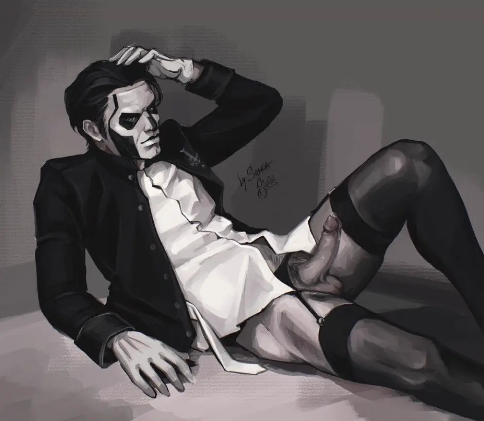 Image looking_at_viewer,smile,black_hair,gloves,hand_on_head,short_hair,erection,smiling,smiling_at_viewer,stockings,bodily_fluids,precum,white_shirt,white_gloves,grey_background,dripping_cum,smirk,smirking,no_pants,boner,unbuttoned_shirt,facepaint,black_lipstick,black_eyeshadow,reclining,one_leg_up,black_jacket,no_underwear,white_face,ghost_bc,sock_garters,laying_on_ground,papa_emeritus_iii,sanda_sielin,white_facepaint