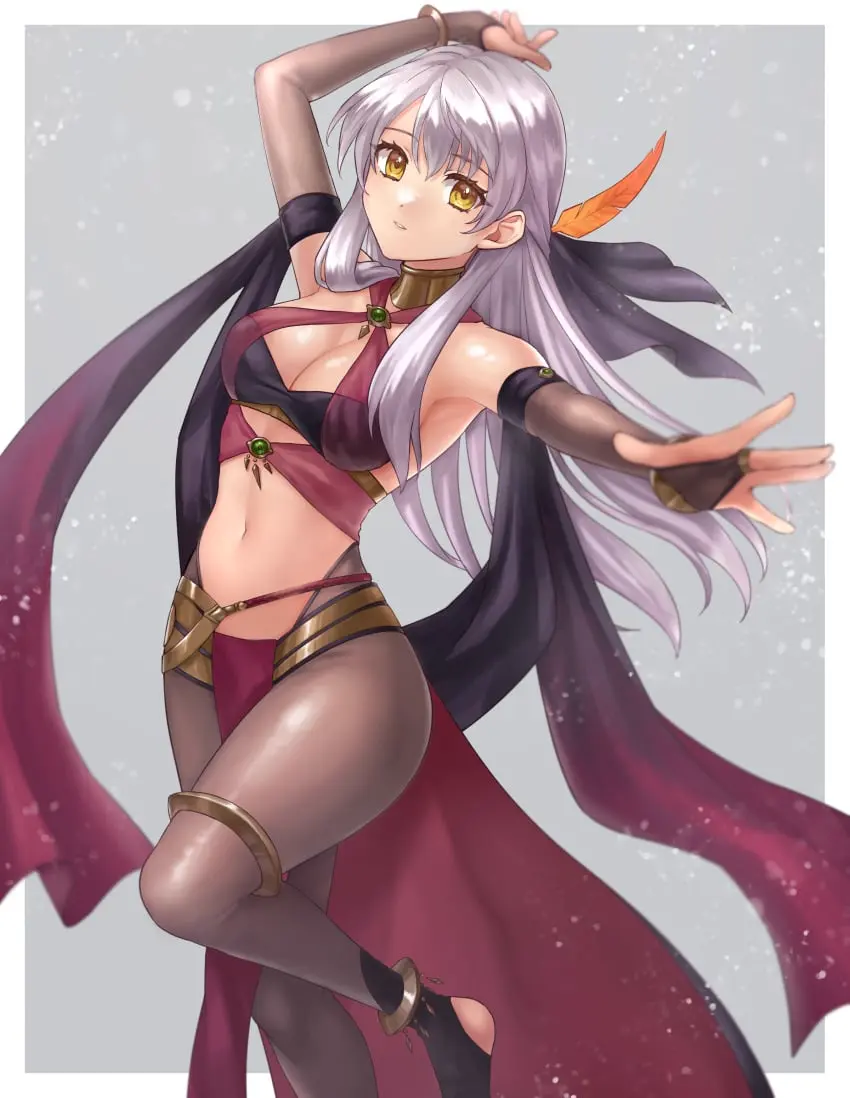 Image 1girls,breasts,female,female_only,grey_hair,hair_ornament,highres,long_hair,looking_at_viewer,simple_background,solo,standing,absurdres,elbow_gloves,gloves,navel,yellow_eyes,thighs,cleavage,jewelry,midriff,feathers,medium_breasts,parted_lips,nintendo,alternate_costume,stomach,bracelet,fire_emblem,fire_emblem_heroes,grey_background,fingerless_gloves,commission,arm_up,anklet,criss-cross_halter,halterneck,pantyhose,cosplay,skeb_commission,fire_emblem:_radiant_dawn,toeless_legwear,grey_gloves,revision,shawl,hazuki_(nyorosuke),dancer,outside_border,bandeau,dorothea_arnault,dorothea_arnault_(cosplay),dorothea_arnault_(plegian),dorothea_arnault_(plegian)_(cosplay),feather_hair_ornament,grey_pantyhose,micaiah_(fire_emblem),plegian,thighlet