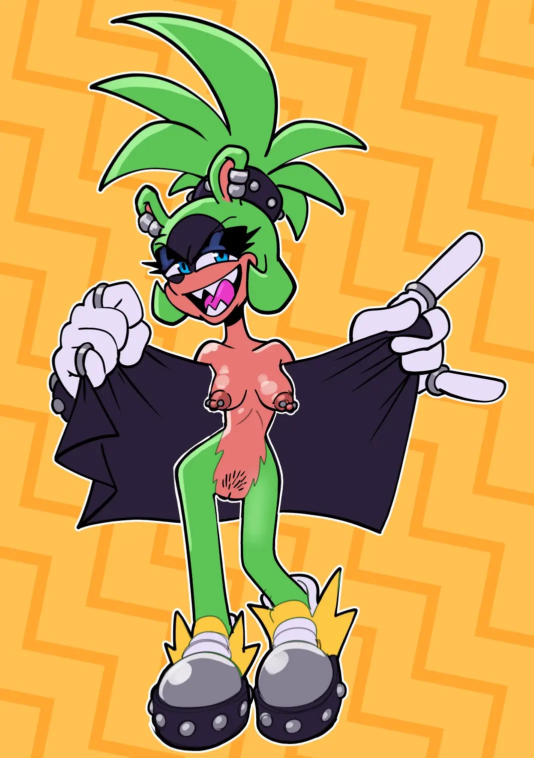 Image breasts,clothing,female,hi_res,nipples,solo,blue_eyes,pussy,tongue_out,tongue,bedroom_eyes,seductive,wide_hips,jewelry,teeth,thigh_gap,anthro,piercing,sharp_teeth,footwear,fur,genitals,mammal,ear_piercing,narrowed_eyes,2024,green_body,sega,sonic_(series),sonic_the_hedgehog_(series),nipple_piercing,digit_ring,pubes,shoes,mostly_nude,sonic_the_hedgehog_(idw),surge_the_tenrec,tenrec,ear_ring,ring_piercing,green_fur,finger_ring,sonic_the_hedgehog_(comics),footwear_only,shoes_only,idw_publishing,afrosoricid,licking_teeth,galactabee