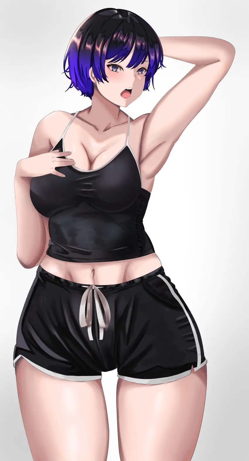 Image 1girls,big_breasts,breasts,female,female_only,solo,standing,thick_thighs,armpits,cleavage,fully_clothed,namco,tekken,tekken_8,gym_shorts,reina_mishima,pandamonium
