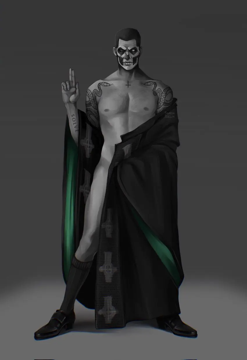 Image tattoo,tattoo_on_arm,tattooed_arm,tagme,half-dressed,facepaint,tattoos,satanic,socks_and_shoes,tattoo_on_chest,ghost_bc,sanda_sielin,papa_emeritus_ii