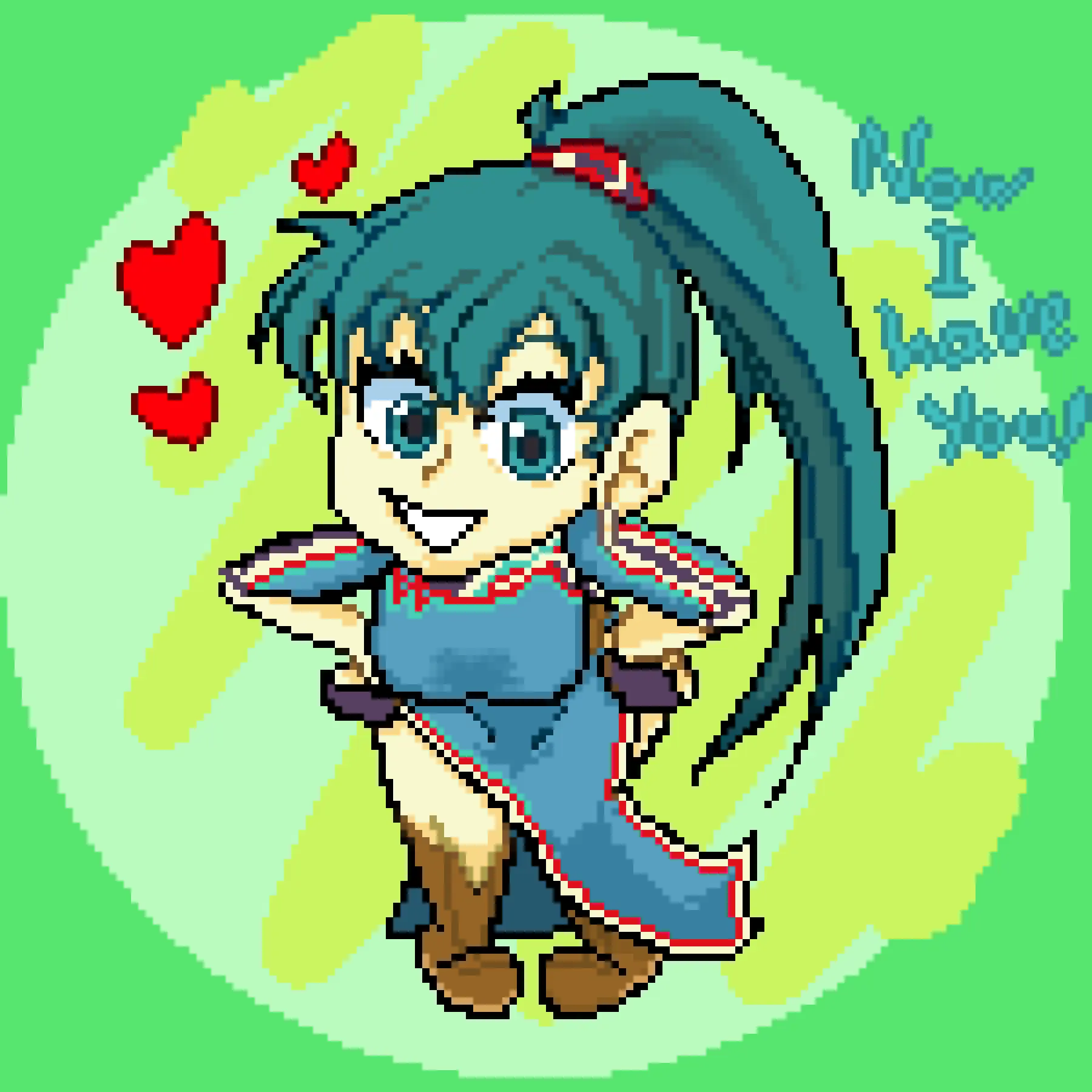 Image 1girls,breasts,female,female_only,smile,solo,gloves,earrings,thighs,ponytail,bare_thighs,grin,happy,text,green_eyes,medium_breasts,nintendo,green_hair,short_sleeves,heart,fire_emblem,english_text,fingerless_gloves,leaning_forward,boots,pixel_art,pelvic_curtain,lyn_(fire_emblem),fire_emblem:_the_blazing_blade,hands_on_own_hips,ldyne