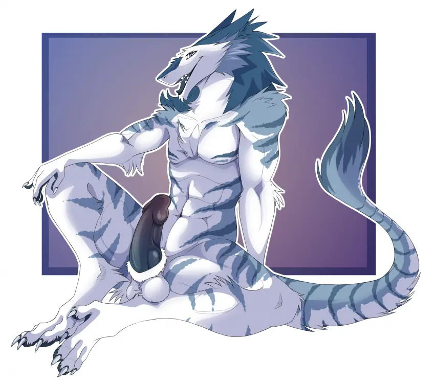 Image hi_res,looking_at_viewer,open_mouth,smile,solo,male,penis,tail,tongue_out,tongue,muscular,open_smile,teeth,balls,sitting,genitals,animal_genitalia,knot,sheath,tuft,tail_tuft,sergal,omez