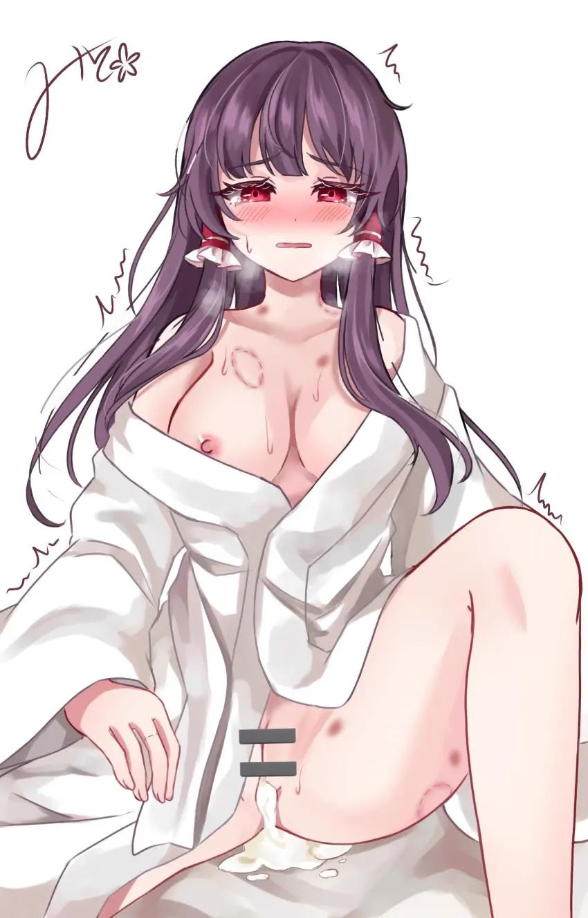 Image blush,breasts,female,highres,long_hair,looking_at_viewer,nipples,open_mouth,red_eyes,solo,touhou,cum,sweat,cum_in_pussy,spread_legs,censored,after_sex,brown_hair,trembling,bite_mark,cumdrip,bar_censor,commentary_request,alternate_costume,tears,signature,frills,bite_mark_on_breast,hair_tubes,reimu_hakurei,hakurei_reimu,frilled_hair_tubes,bite_mark_on_thigh,mito_(fate)