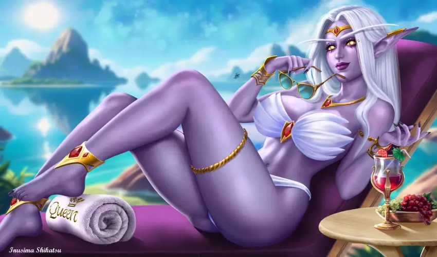 Image 1girls,big_breasts,breasts,female,white_hair,thick_thighs,barefoot,feet,night_elf,warcraft,world_of_warcraft,pinup,blizzard_entertainment,blue_skin,queen_azshara,inusimashikatsu