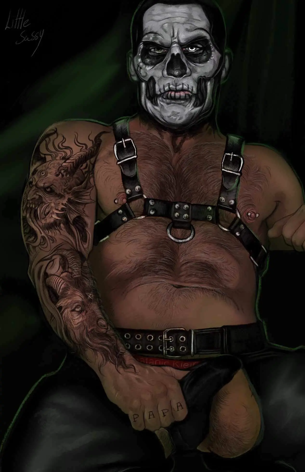 Image male,tagme,nipple_piercing,facepaint,hairy,hairy_male,harness,tattoos,ghost_bc,little_sassy,papa_emeritus_ii,fetish_wear,leather_daddy