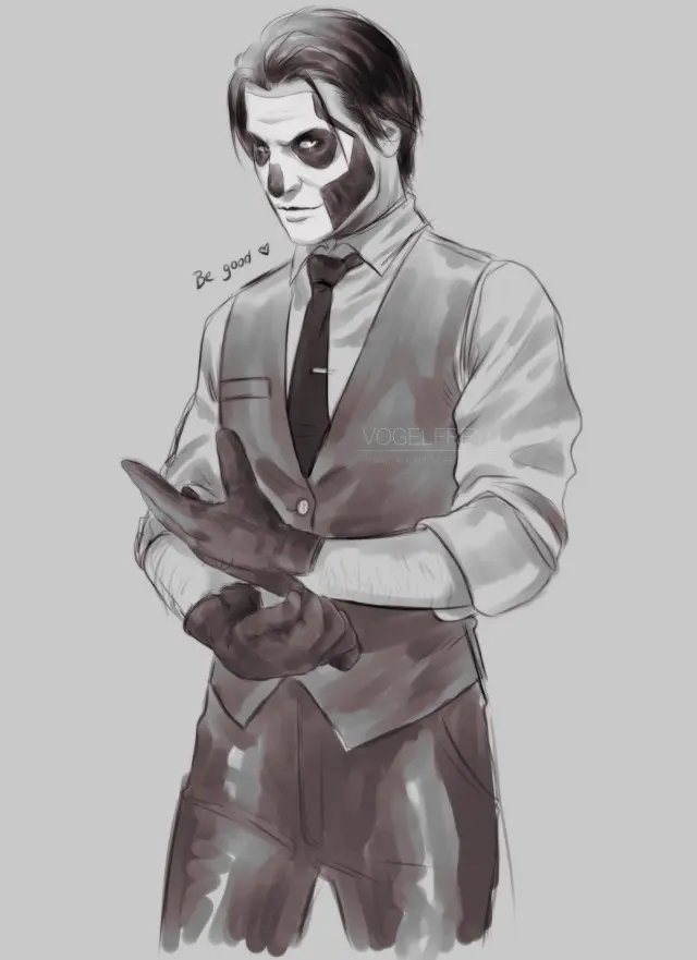 Image gloves,male,male_only,text,tagme,speech,smirk,fully_clothed,facepaint,hairy,hairy_male,vest,suit_and_tie,safe_for_work,ghost_bc,papa_emeritus_iii