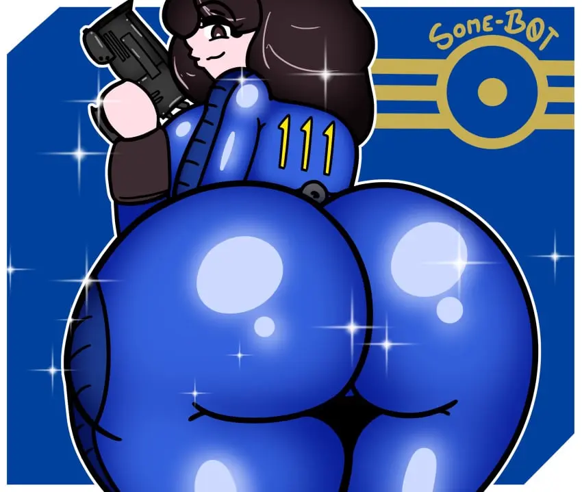 Image 1girls,female,ass,huge_ass,looking_back,massive_ass,ass_focus,bodysuit,logo,fallout,pistol,vault_suit,white_border,fallout_4,handgun,somebot,nora_(fallout_4),vault-tec,white_frame