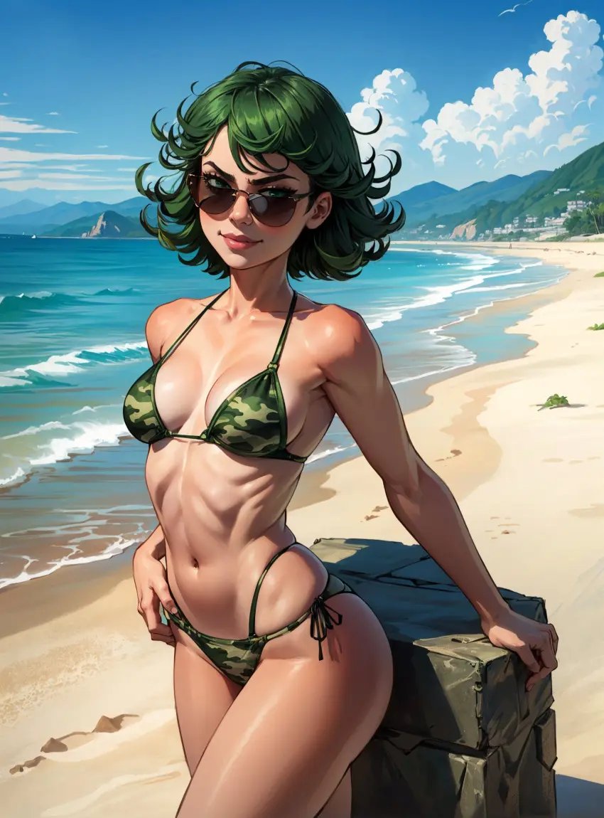 Image 1girls,female,female_only,looking_at_viewer,solo,bikini,beach,ai_generated,swimsuit,green_hair,swimwear,sunglasses,tinted_eyewear,one-punch_man,tatsumaki,makimass_ai