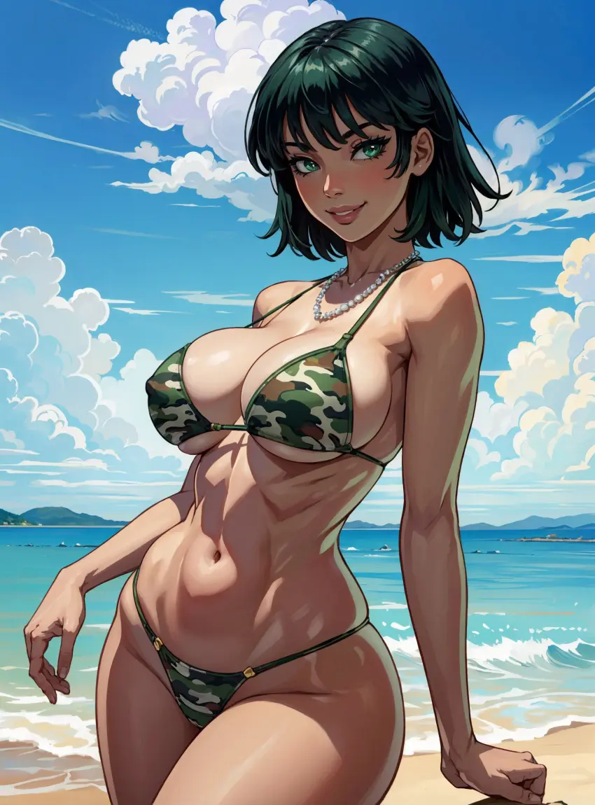 Image 1girls,breasts,female,large_breasts,looking_at_viewer,solo,short_hair,bikini,beach,ai_generated,outdoors,one-punch_man,fubuki_(one-punch_man),camouflage,makimass_ai