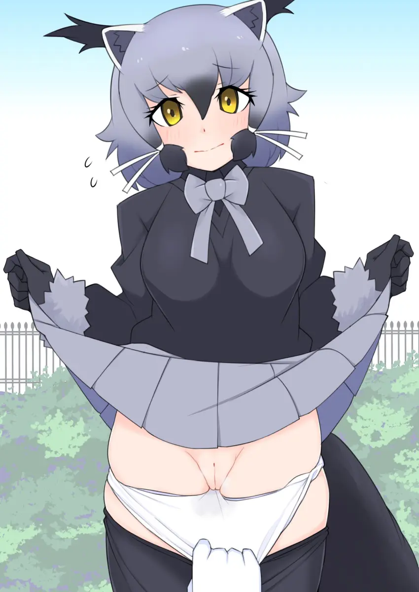 Image 1girls,blush,breasts,cowboy_shot,female,grey_hair,highres,looking_at_viewer,shirt,smile,absurdres,animal_ears,black_gloves,gloves,pussy,yellow_eyes,panties,underwear,female_focus,uncensored,gradient_hair,multicolored_hair,cat_ears,sky,solo_focus,medium_breasts,pussy_juice,medium_hair,1other,pov,hair_between_eyes,lifted_by_self,outdoors,skirt,closed_mouth,white_panties,white_gloves,commentary_request,clothes_lift,panty_pull,skirt_lift,blue_sky,day,fence,pantyhose,black_shirt,black_pantyhose,wet_panties,fly,bush,stained_panties,bug,long_bangs,kemono_friends,ollie_(ollie_stratos),binturong_(kemono_friends),clear_sky,iron_fence