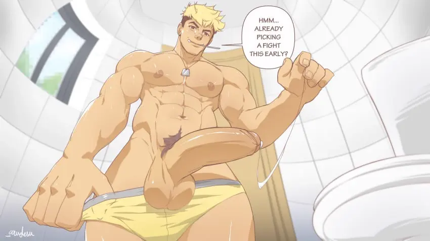 Image 2023,hi_res,highres,looking_at_viewer,nipples,solo,1boy,cum,cum_drip,male,nude,penis,underwear,big_penis,erection,muscular,muscular_male,male_only,yaoi,balls,text,completely_nude,looking_down,pubic_hair,bara,male_nipples,big_balls,completely_nude_male,cum_dripping_from_penis,genital_fluids,male_pubic_hair,low-angle_view,dialogue,english_text,half-erect,toilet,looking_down_at_viewer,arudesu