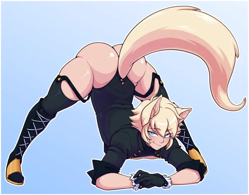 Image smile,1boy,animal_ears,blue_eyes,gloves,male,tail,smiling,femboy,male_only,blonde_hair,fox_ears,fox_tail,flexible,fox_humanoid,jack-o_pose,fox_boy,dabunnox,about_to_die
