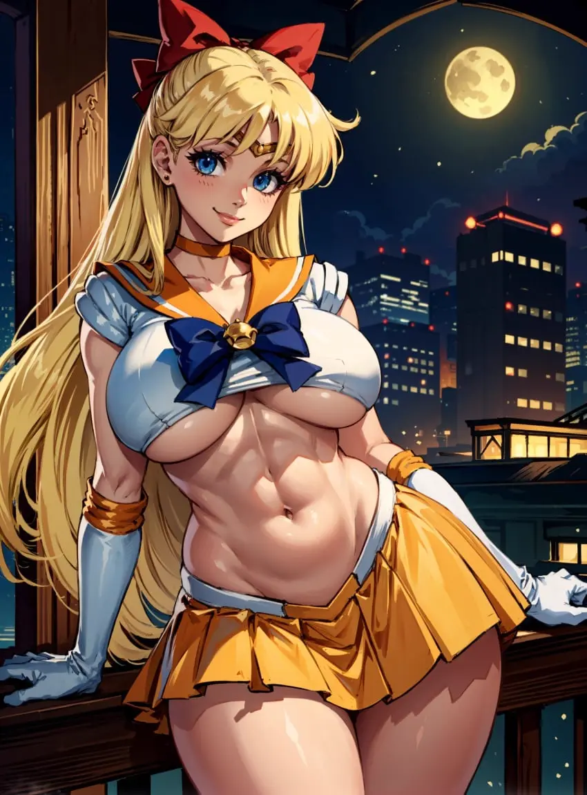 Image bow,breasts,clothing,female,looking_at_viewer,ai_generated,medium_breasts,skirt,bishoujo_senshi_sailor_moon,minako_aino,sailor_venus,makimass_ai