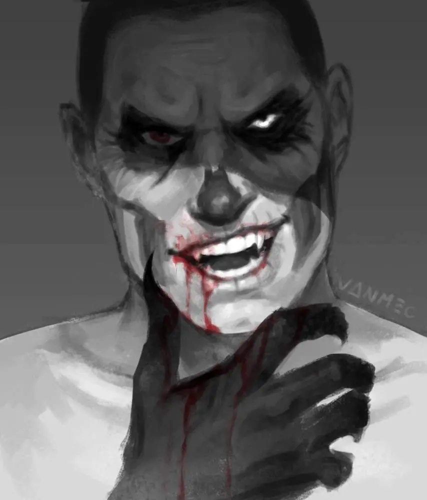 Image tagme,blood,blood_on_face,vampire,black_and_white,claws,fangs,smirk,smirking_at_viewer,bald,facepaint,safe_for_work,ghost_bc,papa_emeritus_ii,vanmec