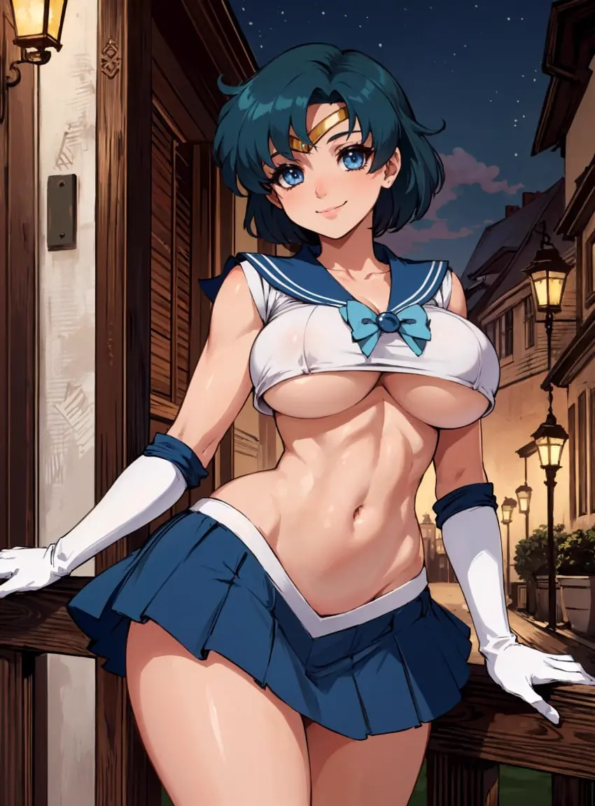 Image big_breasts,breasts,clothing,female,looking_at_viewer,ai_generated,medium_breasts,skirt,hourglass_figure,crop_top,bishoujo_senshi_sailor_moon,ami_mizuno,sailor_mercury,makimass_ai