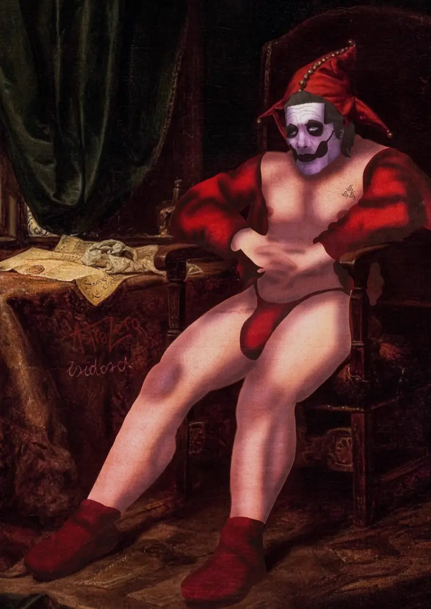 Image tagme,meme_reference,facepaint,half_naked,jester,jester_outfit,jester_hat,ghost_bc,papa_emeritus_iv