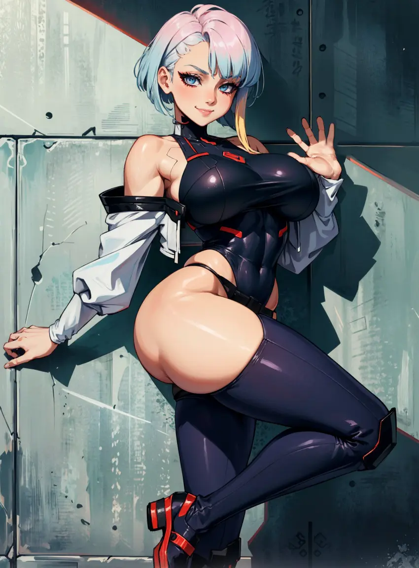 Image female,looking_at_viewer,ai_generated,stockings,cyberpunk:_edgerunners,lucyna_kushinada,makimass_ai