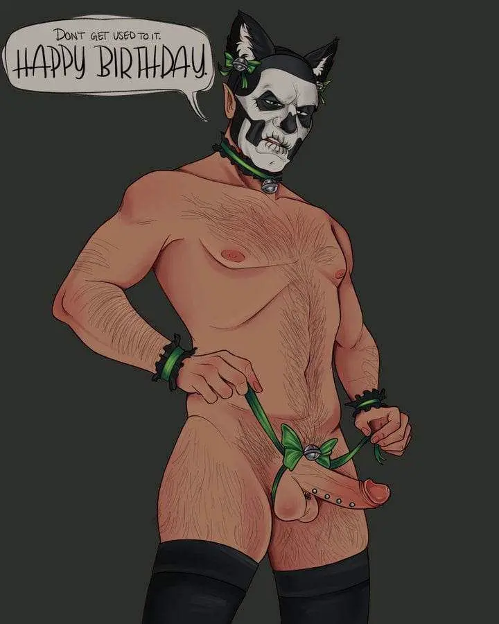 Image bow,simple_background,male,thighhighs,cat_ears,text,tagme,collar,speech_bubble,bald,facepaint,hairy,hairy_male,bell_collar,bow_ribbon,frenum_piercing,ladder_piercing,birthday,ghost_bc,papa_emeritus_ii,birthday_gift,wrapped_in_ribbons