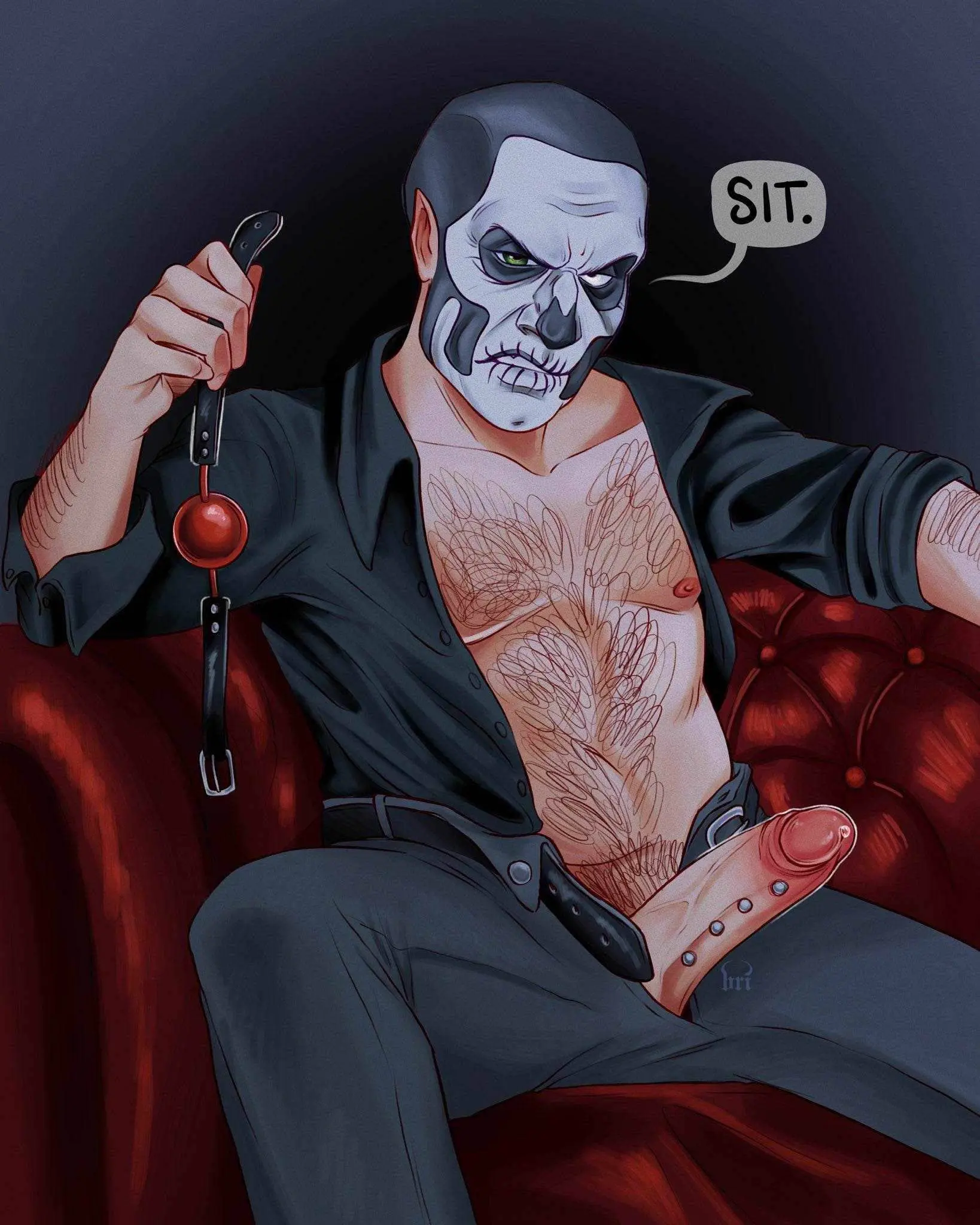 Image looking_at_viewer,male,text,tagme,speech_bubble,bald,shirt_open,sitting_on_chair,gag,facepaint,hairy,hairy_male,frenum_piercing,ladder_piercing,ghost_bc,brihemoth,commanding_viewer,papa_emeritus_ii