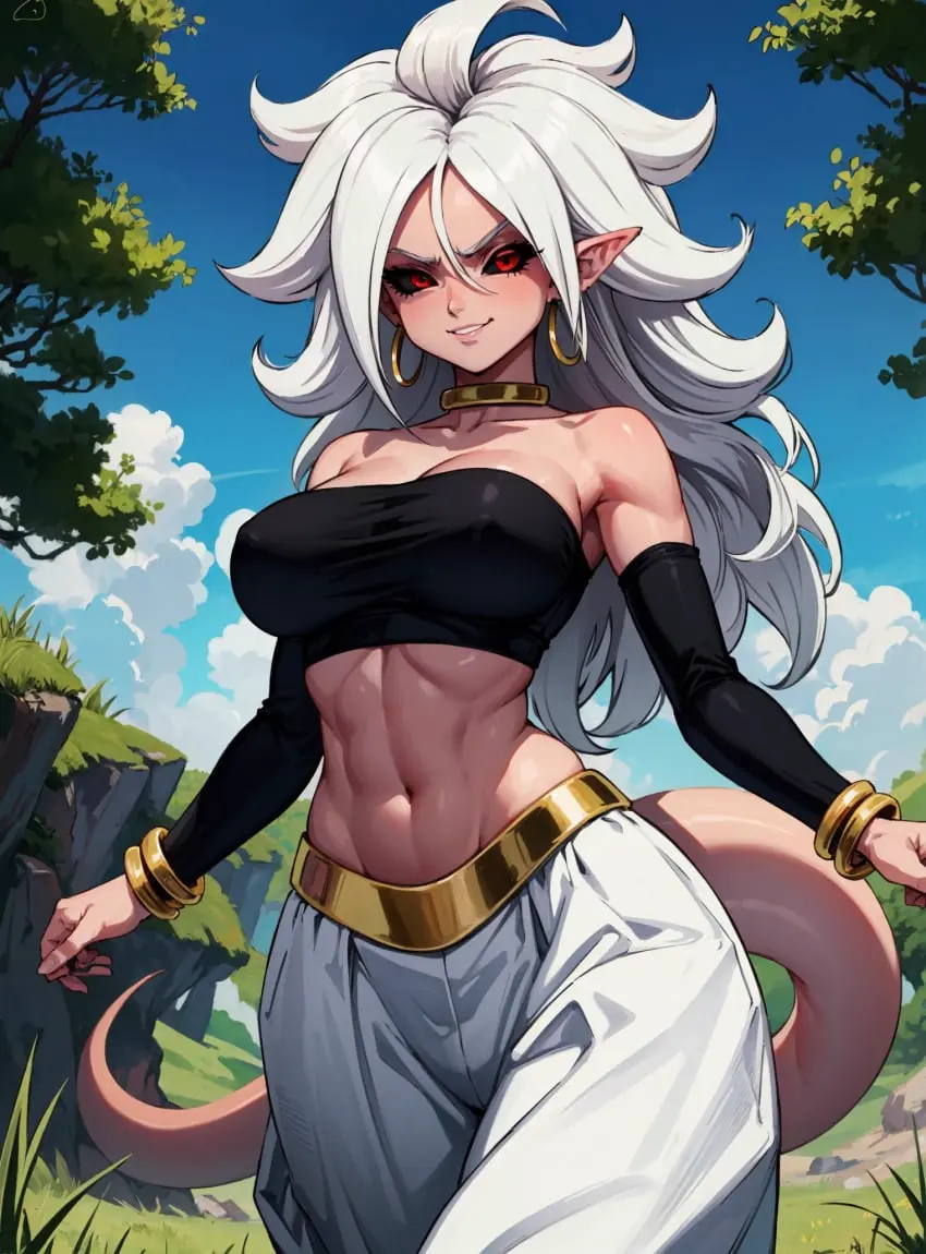 Image female,long_hair,looking_at_viewer,white_hair,ai_generated,dragon_ball,elf_ears,long_ears,pink_body,android_21,dragon_ball_fighterz,pink_skin,majin,majin_android_21,makimass_ai