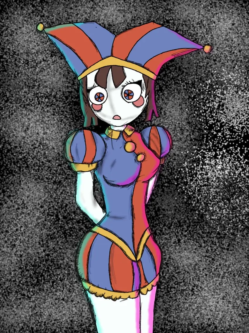 Image 1girls,breasts,female,female_only,short_hair,small_breasts,white_skin,brown_hair,thin_waist,hands_behind_back,long_legs,bare_legs,clown,clown_girl,pomni,pomni_(the_amazing_digital_circus),the_amazing_digital_circus,cheek_markings,clueless,jester,jester_outfit,1000_yard_stare,doesn't_realise,no_thoughts_head_empty,omegart55