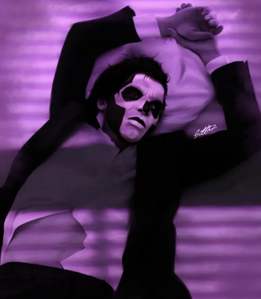 Image looking_at_viewer,black_hair,arms_up,digital_drawing_(artwork),digital_media_(artwork),white_shirt,pillow,signature,unbuttoned_shirt,purple_background,black_lipstick,black_pants,messy_hair,black_eyeshadow,button_down_shirt,black_jacket,in_bed,exposed_stomach,safe,safe_for_work,white_face,hands_above_head,ghost_bc,papa_emeritus_iii,white_facepaint,exposed_skin,light_through_window,purple_lighting,ruffled_hair,untucked_shirt,window_shadow