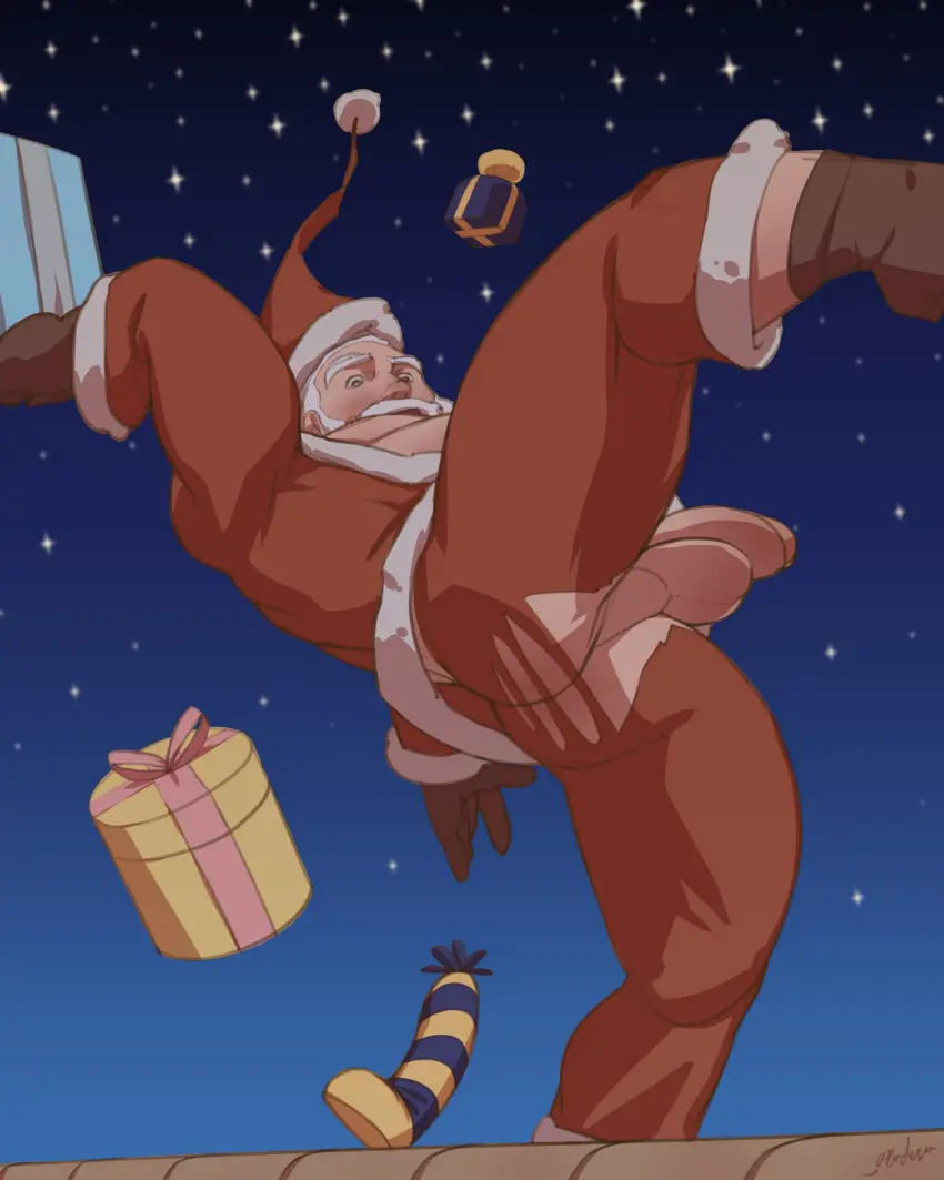 Image 2023,blush,clothing,hi_res,highres,white_hair,1boy,male,penis,ass,big_penis,muscular,muscular_male,male_only,yaoi,balls,bara,big_balls,christmas,holidays,beard,daddy,mature_male,ripped_clothing,santa_costume,christmas_clothing,white_beard,arudesu,santa_claus