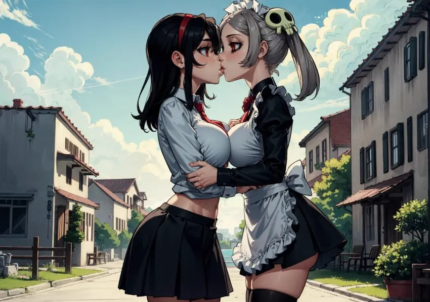 Image female,looking_at_viewer,ai_generated,yuri,kissing,video_games,skullgirls,makimass_ai,bloody_marie,marie_korbel,filia_(skullgirls)