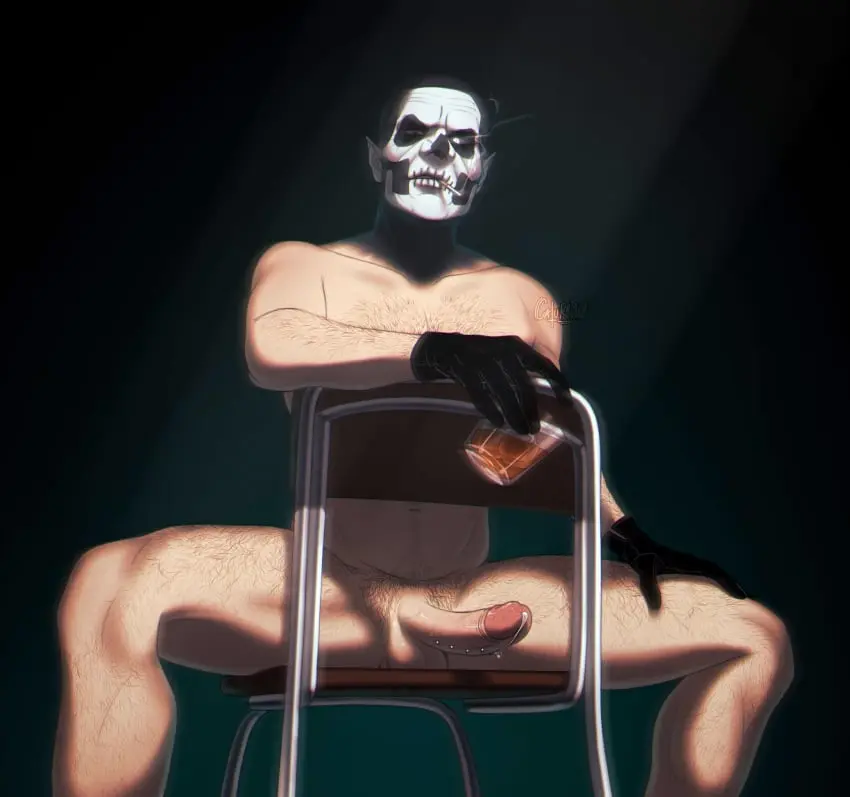 Image looking_at_viewer,male,nude,male_only,nude_male,tagme,naked,solo_male,bald,naked_male,facepaint,hairy,hairy_male,leaking_precum,frenum_piercing,ladder_piercing,cock_out,alcohol,smoking_cigarette,ghost_bc,papa_emeritus_ii,dick_out,straddling_chair