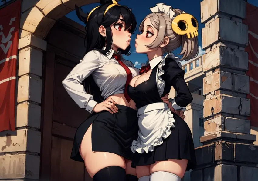 Image female,looking_at_viewer,ai_generated,yuri,video_games,skullgirls,makimass_ai,bloody_marie,marie_korbel,filia_(skullgirls)