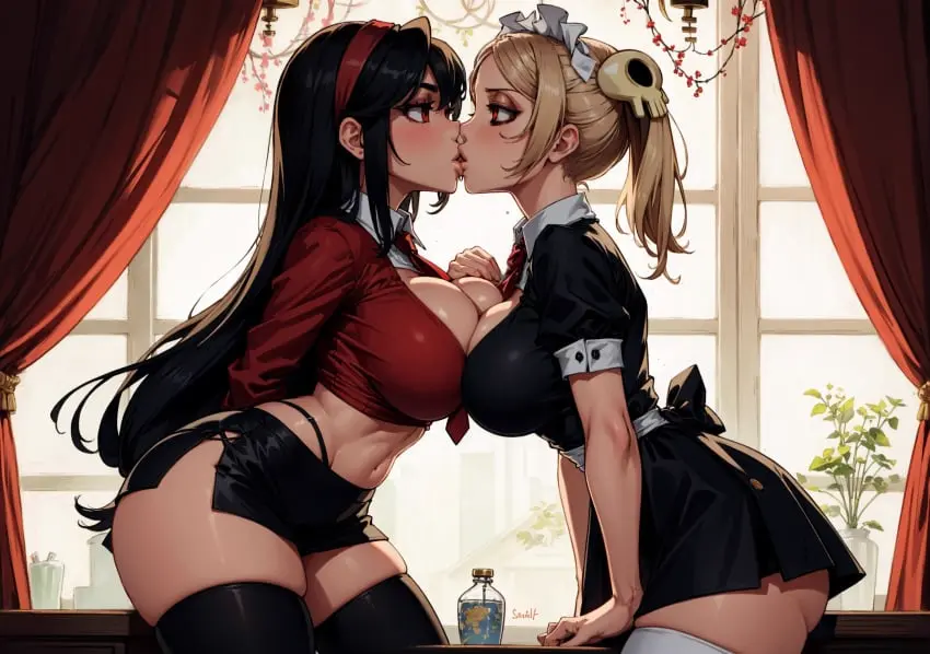 Image female,looking_at_viewer,ai_generated,yuri,kissing,video_games,skullgirls,makimass_ai,bloody_marie,marie_korbel,filia_(skullgirls)