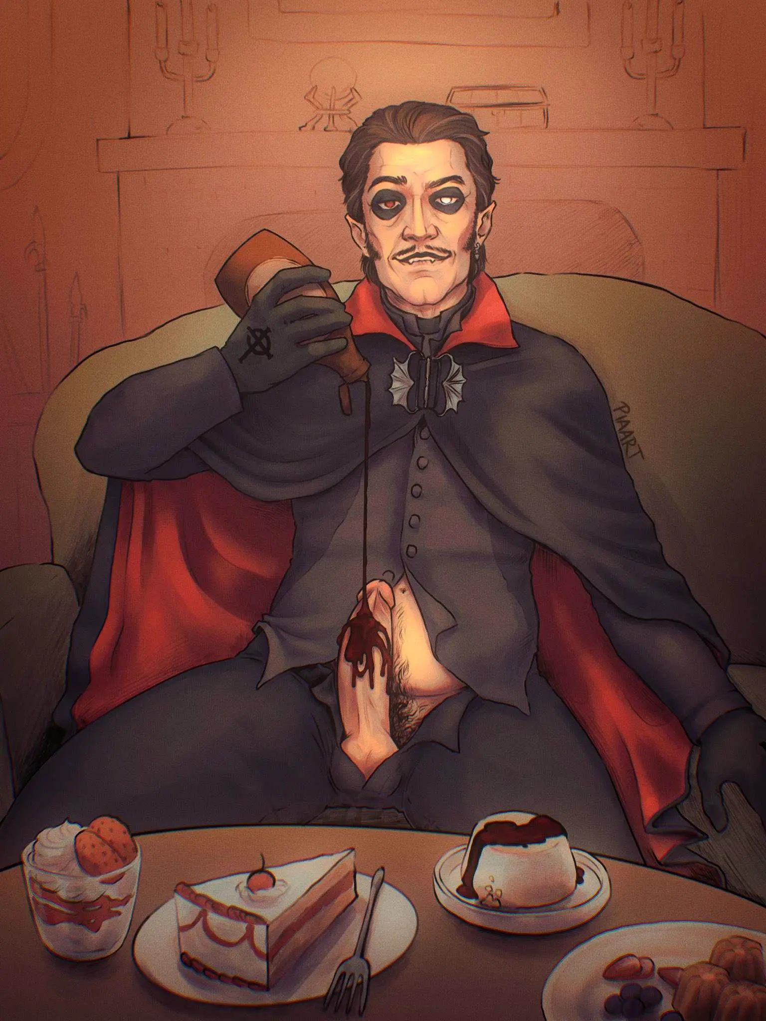 Image looking_at_viewer,gloves,male,biting_lip,tagme,vampire,cape,hairy,hairy_male,cock_out,dessert,cardinal_copia,ghost_bc,commando,piaart,piaart___,chocolate_syrup,covered_in_chocolate