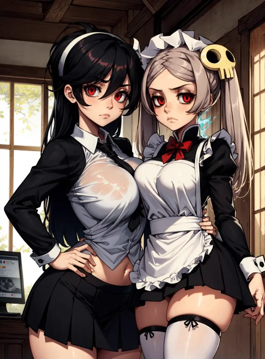 Image female,looking_at_viewer,ai_generated,video_games,skullgirls,makimass_ai,bloody_marie,marie_korbel,filia_(skullgirls)