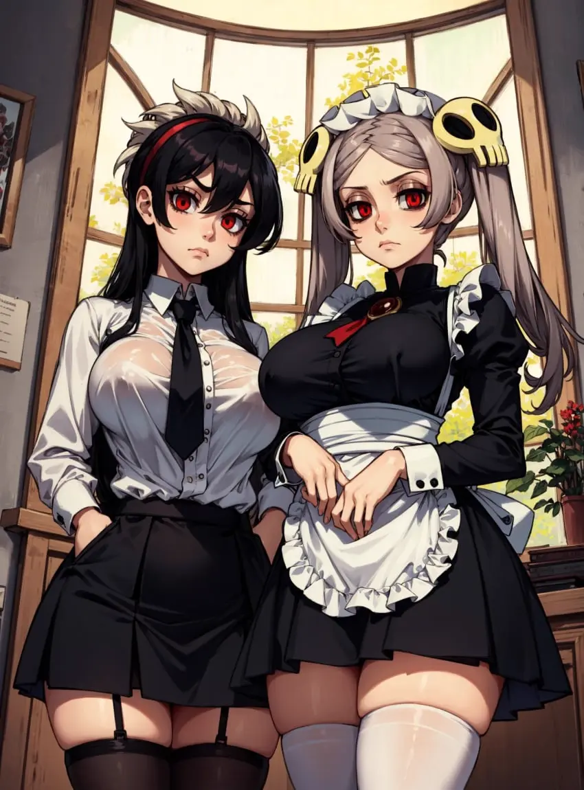 Image female,looking_at_viewer,ai_generated,video_games,skullgirls,makimass_ai,bloody_marie,marie_korbel,filia_(skullgirls)