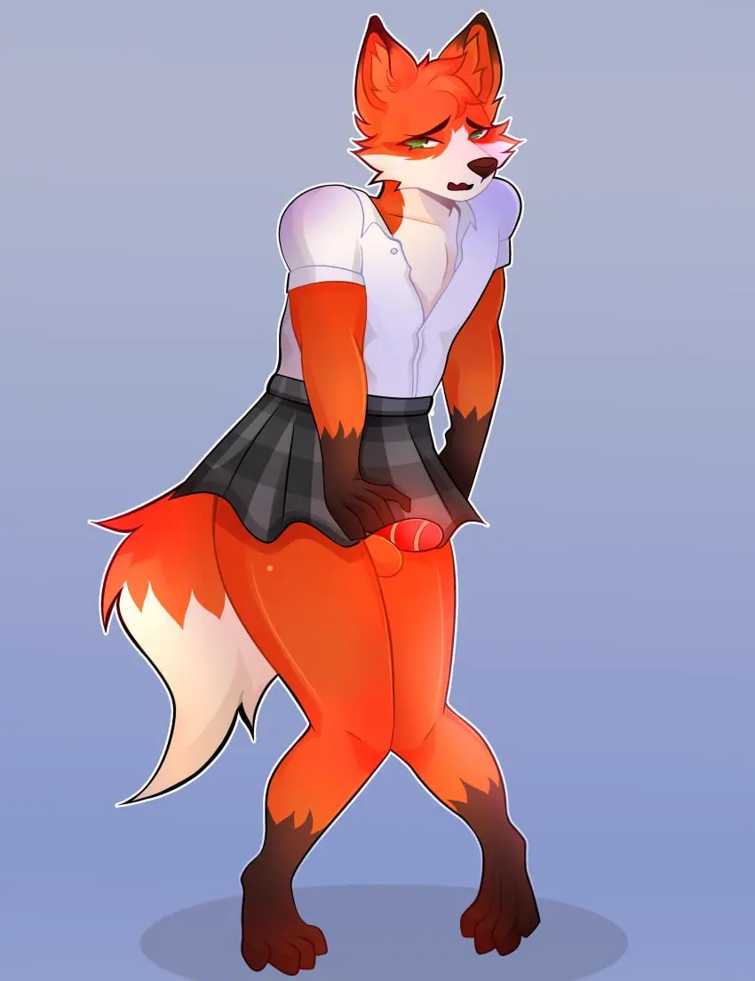 Image clothing,hi_res,solo,male,furry,embarrassed,femboy,absurd_res,school_uniform,skirt,canid,canine,mammal,chastity_cage,girly,fox,uniform,bottomwear,blushing_male,chastity_device,skirt_pull,penis_under_skirt,clothing_pull,bottomwear_pull,r3d_th3_fox