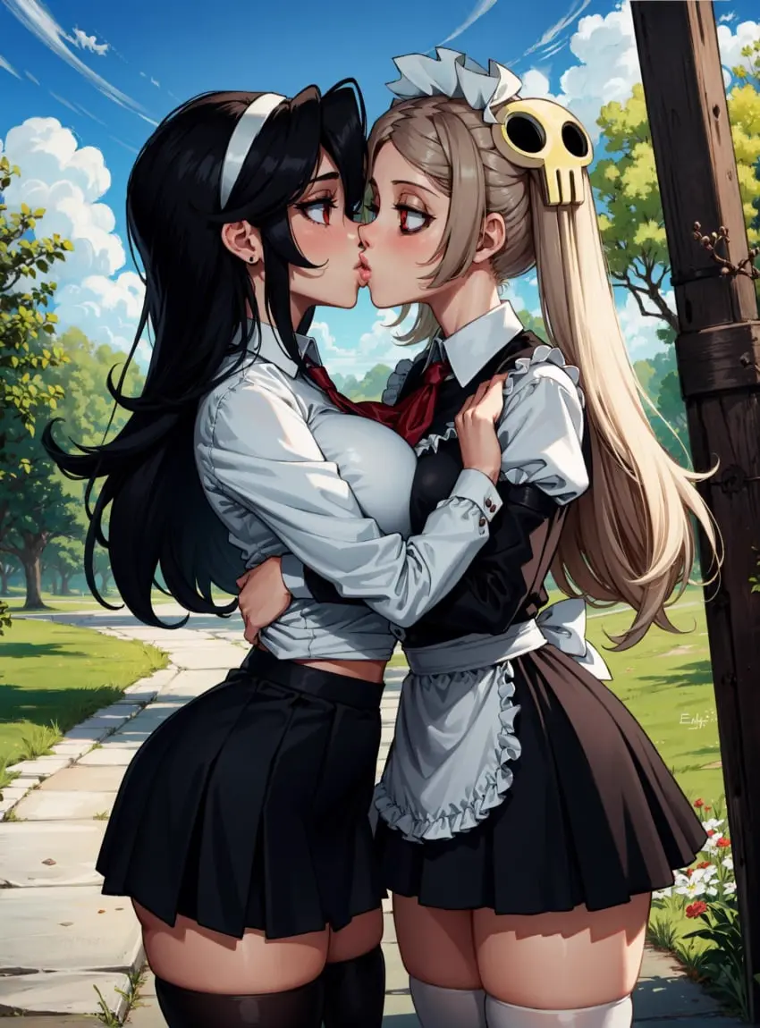 Image female,looking_at_viewer,ai_generated,yuri,kissing,video_games,skullgirls,makimass_ai,bloody_marie,marie_korbel,filia_(skullgirls)